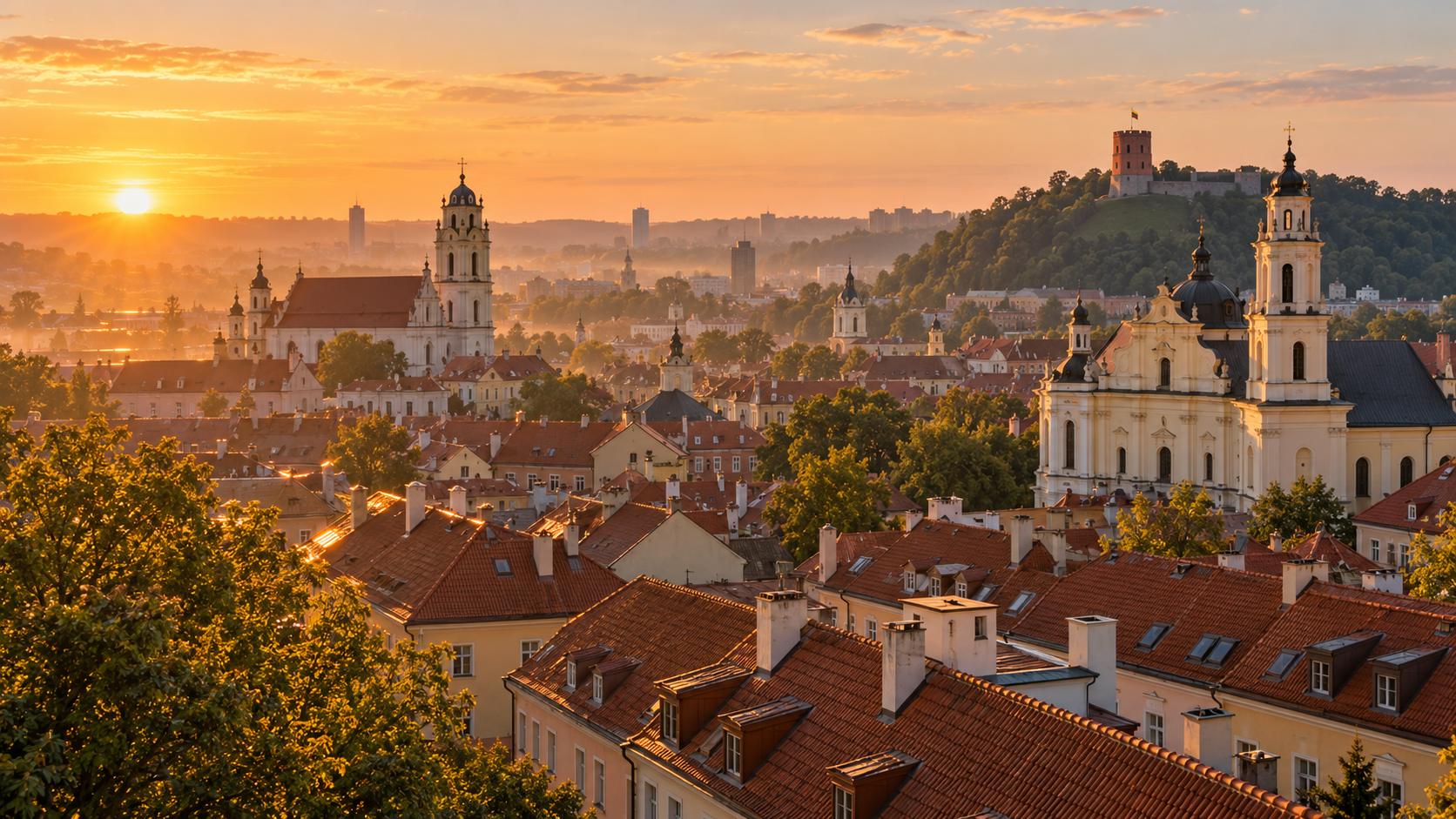 AI generuotas Vilniaus senamiesčio vaizdas auštant; stilizuotas, ne dokumentinė fotografija